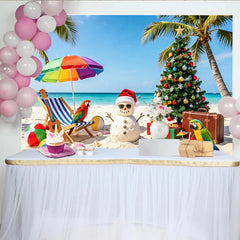 Lofaris Toile de fond de Noël tropicale avec bonhomme de neige, sapin et cadeaux, décor de plage paradisiaque pour fête estivale