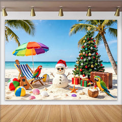 Lofaris Toile de fond de Noël tropicale avec bonhomme de neige, sapin et cadeaux, décor de plage paradisiaque pour fête estivale