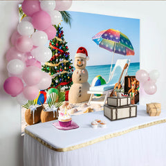 Lofaris Toile de fond de Noël à la plage avec bonhomme de neige et palmier, parapluie coloré décor festif pour studio photo