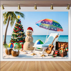 Lofaris Toile de fond de Noël à la plage avec bonhomme de neige et palmier, parapluie coloré décor festif pour studio photo