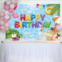 Lofaris Toile de fond joyeux anniversaire piscine avec ballons colorés et flamant rose, magnifique décor de fête d'été pour séance photo
