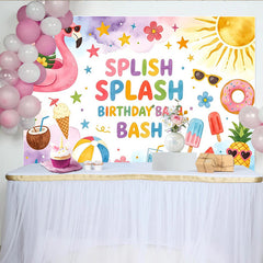 Lofaris Toile de fond joyeux anniversaire thème piscine avec flamant rose et glaces, décor coloré pour fête estivale et studio photo