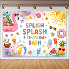 Lofaris Toile de fond joyeux anniversaire thème piscine avec flamant rose et glaces, décor coloré pour fête estivale et studio photo