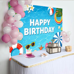 Lofaris Toile de fond joyeux anniversaire d'été piscine et plage, décor de fête tropicale pour célébration estivale et studio photo