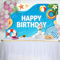 Lofaris Toile de fond joyeux anniversaire thème plage avec palmiers et mer bleue, décor estival avec bouée et parasol pour studio photo