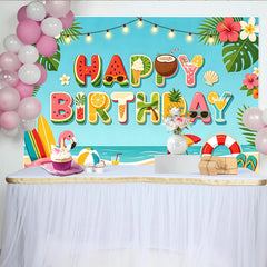 Lofaris Toile de fond joyeux anniversaire plage tropicale avec fruits et surf, arrière-plan coloré pour fête d'été et séance photo
