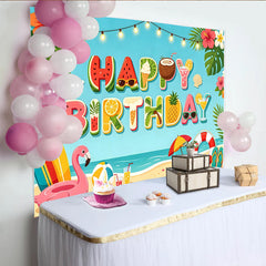 Lofaris Toile de fond joyeux anniversaire plage tropicale avec fruits et surf, arrière-plan coloré pour fête d'été et séance photo