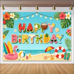 Lofaris Toile de fond joyeux anniversaire plage tropicale avec fruits et surf, arrière-plan coloré pour fête d'été et séance photo