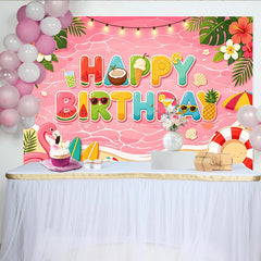 Lofaris Toile de fond anniversaire tropicale plage flamant rose et surf, décor coloré d'été pour fête et séance photo