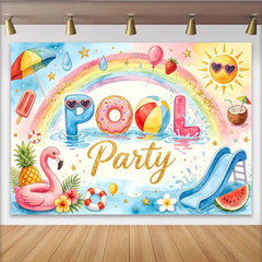 Lofaris Toile de fond de photographie d'été arc-en-ciel et flamant rose, arrière-plan coloré pour studio photo et fête de piscine