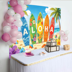 Lofaris Toile de fond de photographie de plage tropicale avec planches de surf Aloha, arrière-plan vibrant pour studio photo et fête d'été