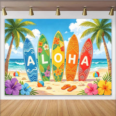 Lofaris Toile de fond de photographie de plage tropicale avec planches de surf Aloha, arrière-plan vibrant pour studio photo et fête d'été