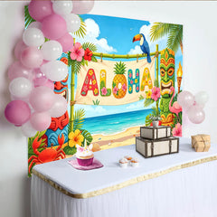 Lofaris Toile de fond de photographie tropicale Aloha avec tiki et flamant rose, magnifique décor de plage pour fête hawaïenne
