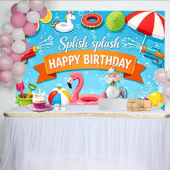 Lofaris Toile de fond joyeux anniversaire thème piscine éclaboussures et jeux, arrière-plan d'été pour fête et séance photo