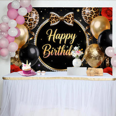Lofaris Toile de fond anniversaire léopard noir et or avec ballons, élégant décor de fête pour studio photo et célébration