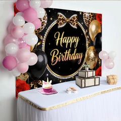 Lofaris Toile de fond anniversaire léopard noir et or avec ballons, élégant décor de fête pour studio photo et célébration