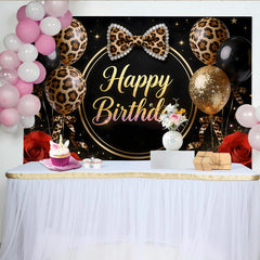 Lofaris Toile de fond anniversaire léopard noir et or avec ballons et roses, arrière-plan de fête chic pour studio photo