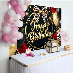 Lofaris Toile de fond anniversaire léopard noir et or avec roses rouges et ballons, magnifique décor de fête pour célébration et séance photo