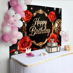 Lofaris Toile de fond anniversaire noir et or avec roses rouges et ballons, élégant arrière-plan de fête pour photographie et studio