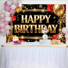 Lofaris Toile de fond joyeux anniversaire noir et or avec ballons léopard, magnifique décor de fête pour studio photo et célébration