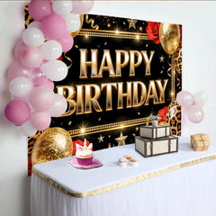 Lofaris Toile de fond joyeux anniversaire noir et or avec ballons léopard, magnifique décor de fête pour studio photo et célébration