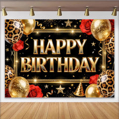 Lofaris Toile de fond joyeux anniversaire noir et or avec ballons léopard, magnifique décor de fête pour studio photo et célébration