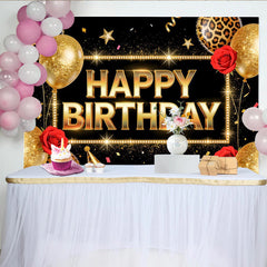 Lofaris Toile de fond joyeux anniversaire noir et or avec paillettes et ballons, élégant décor de fête pour célébration et séance photo