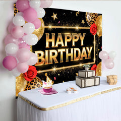 Lofaris Toile de fond joyeux anniversaire noir et or avec paillettes et ballons, élégant décor de fête pour célébration et séance photo