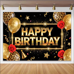 Lofaris Toile de fond joyeux anniversaire noir et or avec paillettes et ballons, élégant décor de fête pour célébration et séance photo
