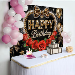 Lofaris Toile de fond glamour anniversaire léopard or et roses rouges, magnifique décor de fête pour célébration élégante et studio photo
