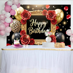 Lofaris Toile de fond joyeux anniversaire noir et or avec roses rouges, élégant décor de fête avec ballons et pétales pour studio photo