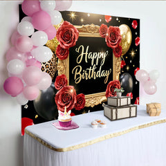 Lofaris Toile de fond joyeux anniversaire noir et or avec roses rouges, élégant décor de fête avec ballons et pétales pour studio photo