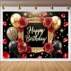 Lofaris Toile de fond joyeux anniversaire noir et or avec roses rouges, élégant décor de fête avec ballons et pétales pour studio photo