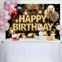 Lofaris Toile de fond joyeux anniversaire noir et or avec paillettes et ballons, magnifique décor de fête pour studio photo