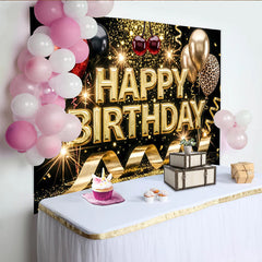 Lofaris Toile de fond joyeux anniversaire noir et or avec paillettes et ballons, magnifique décor de fête pour studio photo
