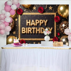 Lofaris Toile de fond anniversaire noir et or avec paillettes et ballons, élégant décor de fête pour studio photo