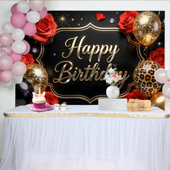 Lofaris Toile de fond joyeux anniversaire noir et or avec roses rouges et ballons, magnifique décor de fête avec imprimé léopard