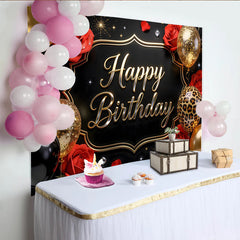 Lofaris Toile de fond joyeux anniversaire noir et or avec roses rouges et ballons, magnifique décor de fête avec imprimé léopard
