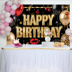 Lofaris. Toile de fond joyeux anniversaire noir et or avec ballons et lèvres rouges, élégant décor de fête avec paillettes dorées