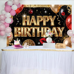 Lofaris Toile de fond joyeux anniversaire noir et or avec ballons et paillettes, décor chic pour fête d'anniversaire et séance photo