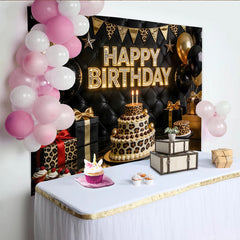 Lofaris Toile de fond joyeux anniversaire léopard noir et or avec ballons dorés, élégant décor matelassé pour fête ou séance photo