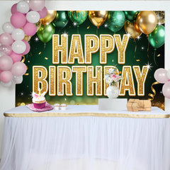 Lofaris Toile de fond joyeux anniversaire or et vert pailleté avec ballons, magnifique décor de fête pour studio photo