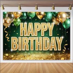 Lofaris Toile de fond joyeux anniversaire or et vert pailleté avec ballons, magnifique décor de fête pour studio photo