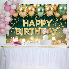 Lofaris Toile de fond joyeux anniversaire or et vert, avec ballons et paillettes, superbe arrière-plan scintillant pour fête et photographie