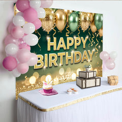 Lofaris Toile de fond joyeux anniversaire or et vert, avec ballons et paillettes, superbe arrière-plan scintillant pour fête et photographie