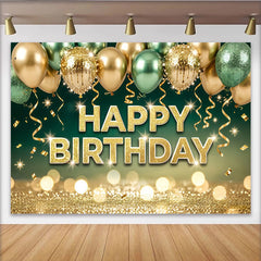 Lofaris Toile de fond joyeux anniversaire or et vert, avec ballons et paillettes, superbe arrière-plan scintillant pour fête et photographie