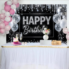Lofaris Toile de fond anniversaire noir et argent avec paillettes et ballons, décor chic et étincelant pour fête d'adultes