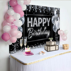 Lofaris Toile de fond anniversaire noir et argent avec paillettes et ballons, décor chic et étincelant pour fête d'adultes
