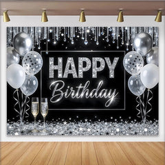Lofaris Toile de fond anniversaire noir et argent avec paillettes et ballons, décor chic et étincelant pour fête d'adultes