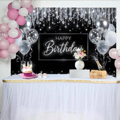 Lofaris Toile de fond noire et argentée joyeux anniversaire avec ballons et paillettes, magnifique décor de fête pour célébration adulte
